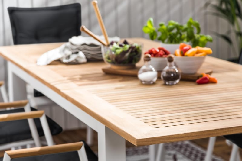 Las Vegas Spisegruppe 152-210x90 + 6 Karmstoler m Pute - Hvit/Teak/Svart - Hagemøbler - Hagegruppe - Spisegrupper hage