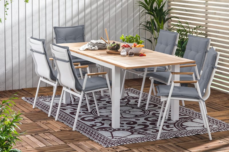 Las Vegas Spisegruppe 152-210x90 + 6 Karmstoler m Pute - Hvit/Teak/Grå - Hagemøbler - Hagegruppe - Spisegrupper hage