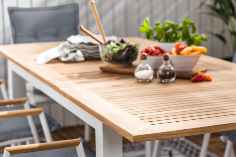 Las Vegas Spisegruppe 152-210x90 + 6 Karmstoler m Pute - Hvit/Teak/Grå - Hagemøbler - Hagegruppe - Spisegrupper hage