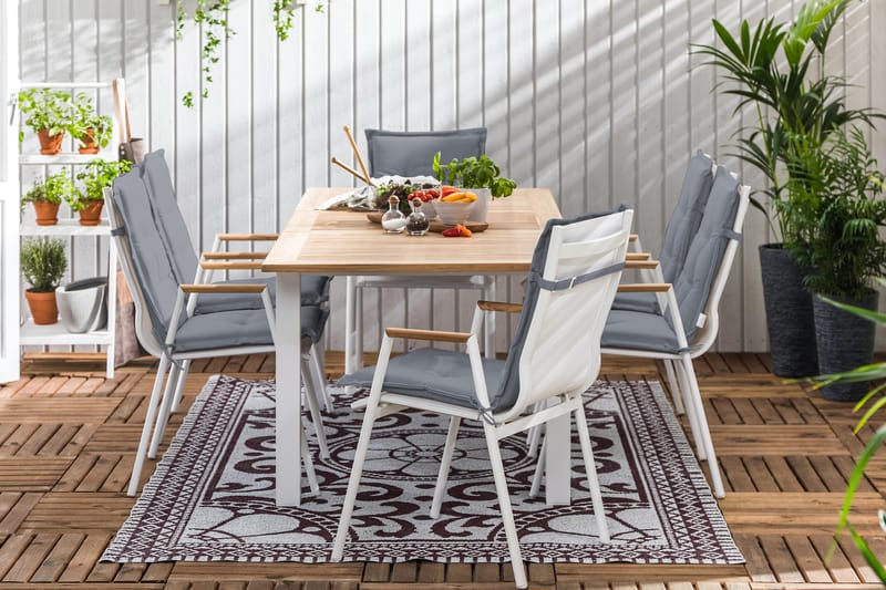 Las Vegas Spisegruppe 152-210x90 + 6 Karmstoler m Pute - Hvit/Teak/Grå - Hagemøbler - Hagegruppe - Spisegrupper hage