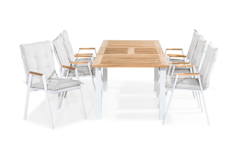 Las Vegas Spisegruppe 152-210x90 + 6 Karmstoler m Pute, Hvit/Teak