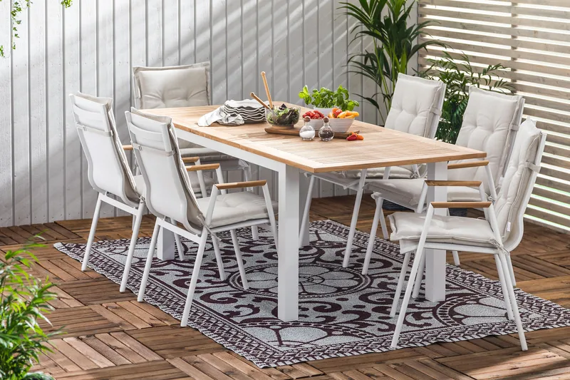 Las Vegas Spisegruppe 152-210x90 + 6 Karmstoler m Pute - Hvit/Teak - Hagemøbler - Hagegruppe - Spisegrupper hage