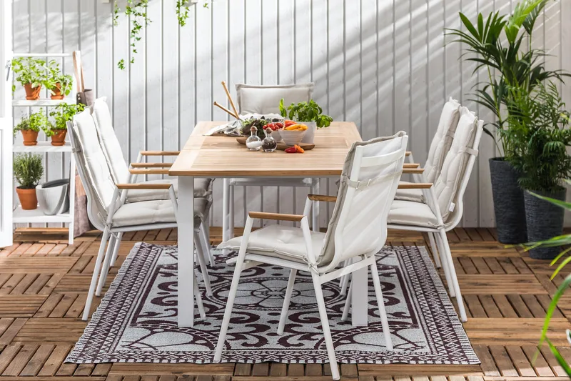 Las Vegas Spisegruppe 152-210x90 + 6 Karmstoler m Pute - Hvit/Teak - Hagemøbler - Hagegruppe - Spisegrupper hage