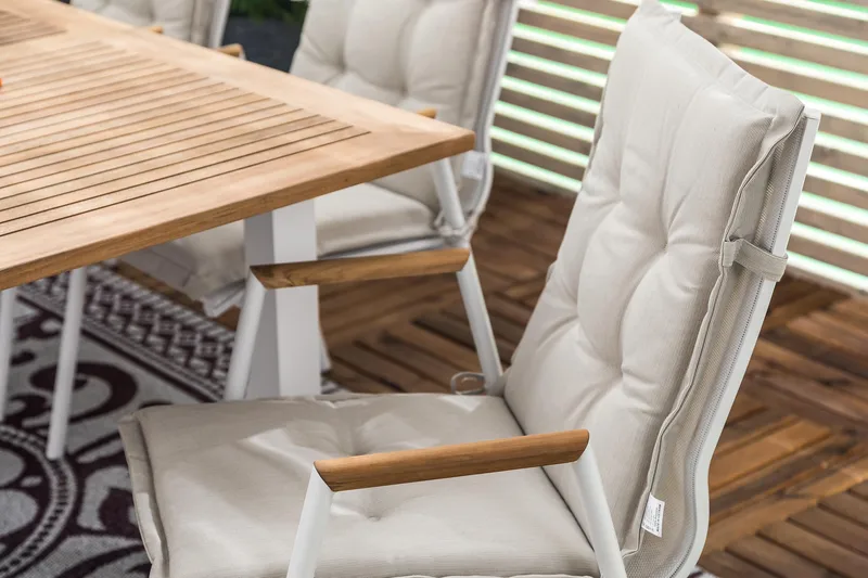 Las Vegas Spisegruppe 152-210x90 + 6 Karmstoler m Pute - Hvit/Teak - Hagemøbler - Hagegruppe - Spisegrupper hage