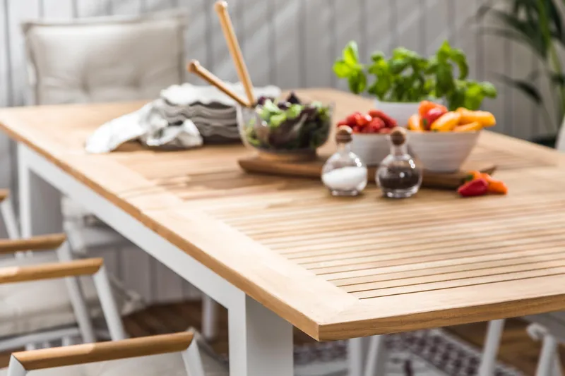 Las Vegas Spisegruppe 152-210x90 + 6 Karmstoler m Pute - Hvit/Teak - Hagemøbler - Hagegruppe - Spisegrupper hage