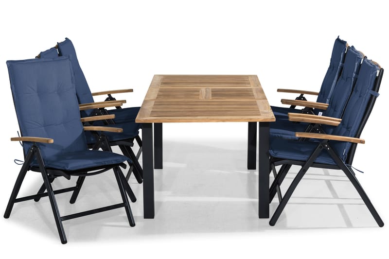 Las Vegas Spisegruppe 152-210x90 + 6 Stoler m Pute - Svart/Teak/Blå - Hagemøbler - Hagegruppe - Spisegrupper hage
