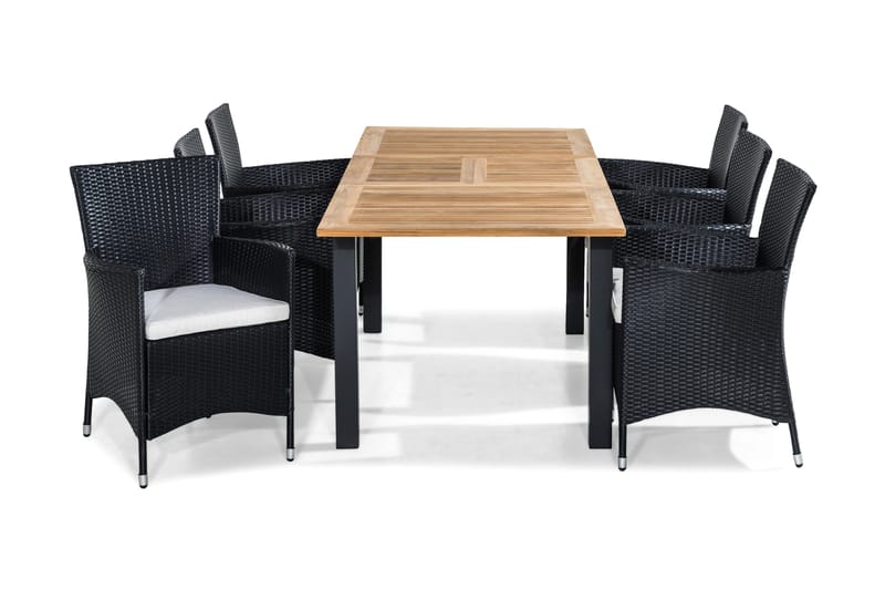Las Vegas Spisegruppe 152-210x90 + 6 Thor Stoler m Pute, Teak/Svart/Grå