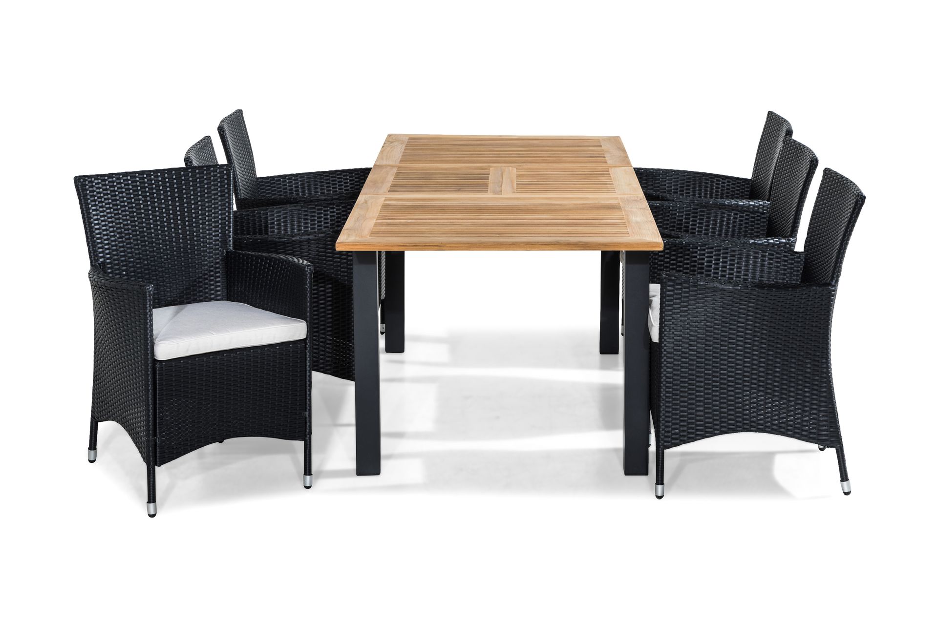 Las Vegas Spisegruppe 152-210x90 + 6 Thor Stoler m Pute - Teak/Svart/Grå - Hagemøbler - Hagegruppe - Spisegrupper hage
