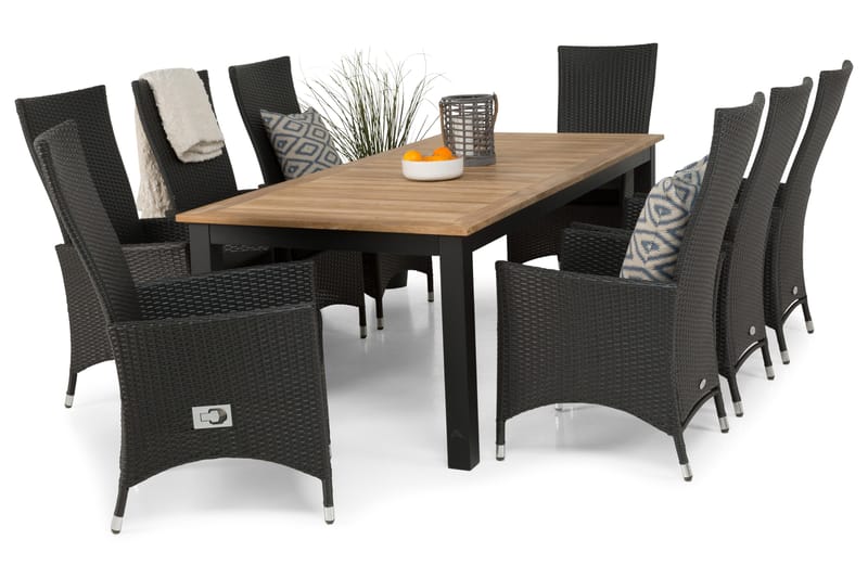 Las Vegas Spisegruppe 220-280+8 Jenny Regulerbare Stoler - Svart/Teak - Hagemøbler - Hagegruppe - Spisegrupper hage