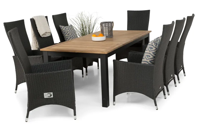 Las Vegas Spisegruppe 220-280+8 Jenny Regulerbare Stoler - Svart/Teak - Hagemøbler - Hagegruppe - Spisegrupper hage