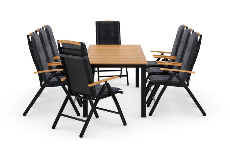 Las Vegas Spisegruppe 220-280+8 Posisjonsstoler Lyx +Puter - Svart/Teak/Grå - Hagemøbler - Hagegruppe - Spisegrupper hage