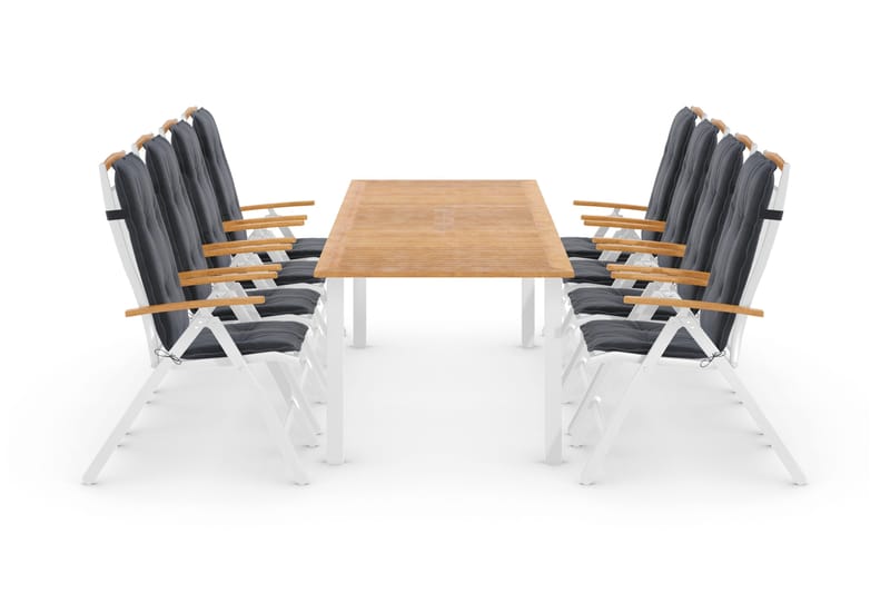 Las Vegas Spisegruppe 220-280+8 Posisjonsstoler Lyx+Puter, Hvit/Teak/Grå