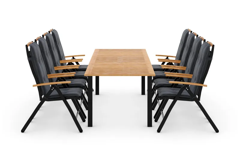 Las Vegas Spisegruppe 220-280+8 Posisjonsstoler Lyx +Puter, Svart/Teak/Grå