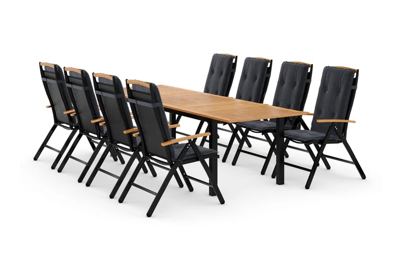 Las Vegas Spisegruppe 220-280+8 Posisjonsstoler Lyx +Puter - Svart/Teak/Grå - Hagemøbler - Hagegruppe - Spisegrupper hage