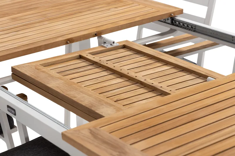 Las Vegas Spisegruppe 220-280 cm + 6 Olivenenr Spisestoler - Teak/Hvit - Hagemøbler - Hagegruppe - Spisegrupper hage