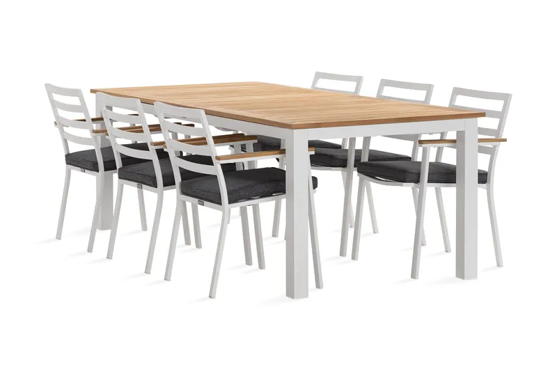 Las Vegas Spisegruppe 220-280 cm + 6 Olivenenr Spisestoler - Teak/Hvit - Hagemøbler - Hagegruppe - Spisegrupper hage