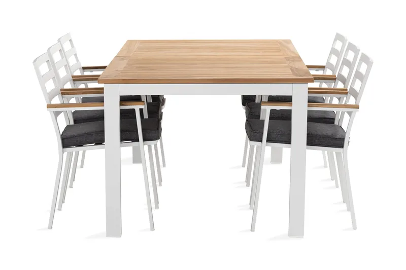 Las Vegas Spisegruppe 220-280 cm + 6 Olivenenr Spisestoler, Teak/Hvit