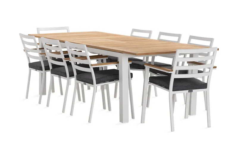 Las Vegas Spisegruppe 220-280 cm + 8 Olivenenr Spisestoler - Teak/Hvit - Hagemøbler - Hagegruppe - Spisegrupper hage
