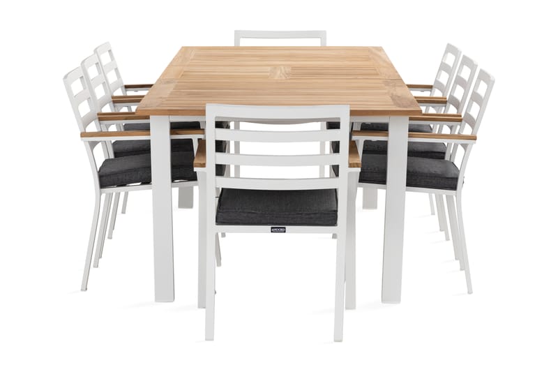 Las Vegas Spisegruppe 220-280 cm + 8 Olivenenr Spisestoler - Teak/Hvit - Hagemøbler - Hagegruppe - Spisegrupper hage
