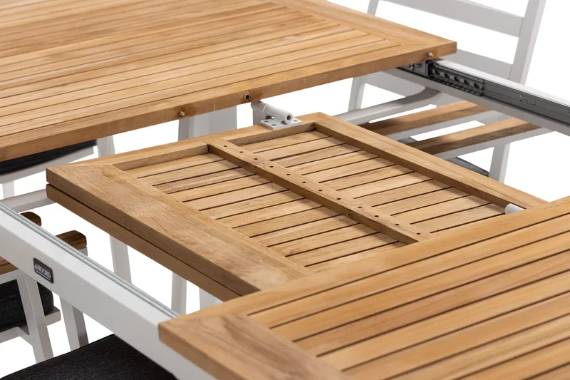 Las Vegas Spisegruppe 220-280 cm + 8 Olivenenr Spisestoler - Teak/Hvit - Hagemøbler - Hagegruppe - Spisegrupper hage