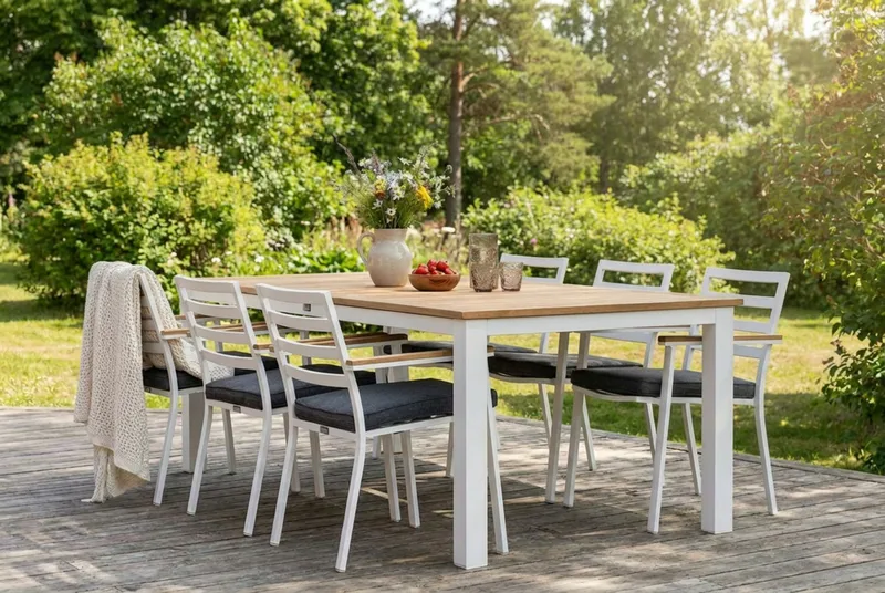 Las Vegas Spisegruppe 220-280 cm + 6 Olivenenr Spisestoler - Teak/Hvit - Hagemøbler - Hagegruppe - Spisegrupper hage