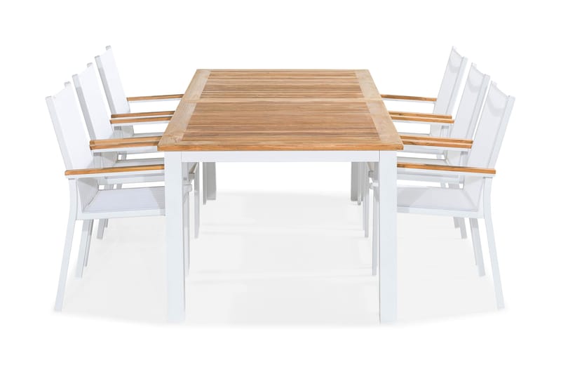 Las Vegas Spisegruppe 220-280x100 + 6 Stablestoler, Hvit/Teak