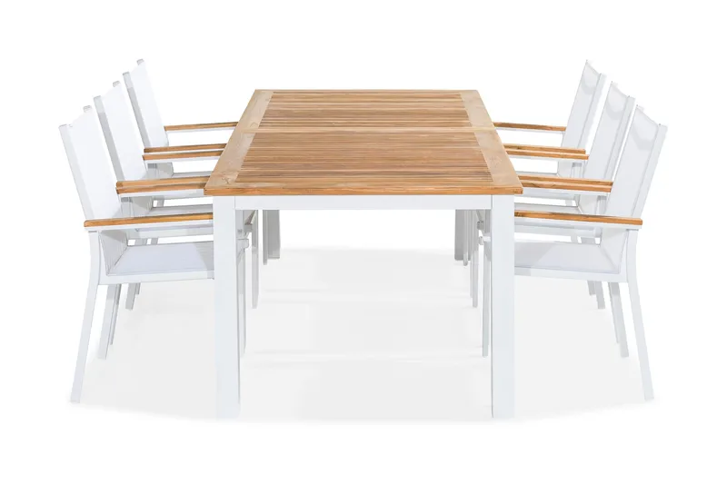 Las Vegas Spisegruppe 220-280x100 + 6 Stablestoler, Hvit/Teak