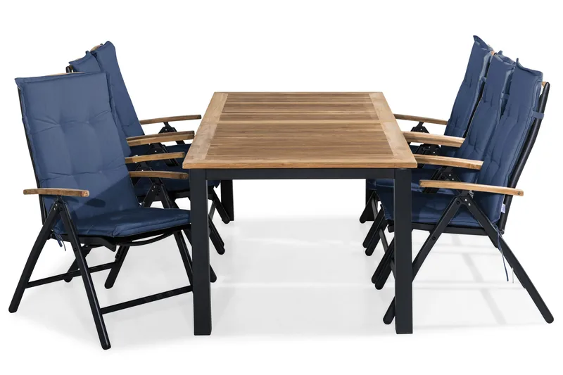 Las Vegas Spisegruppe 220-280x100 + 6 Stoler m Pute - Svart/Teak/Blå - Hagemøbler - Hagegruppe - Spisegrupper hage