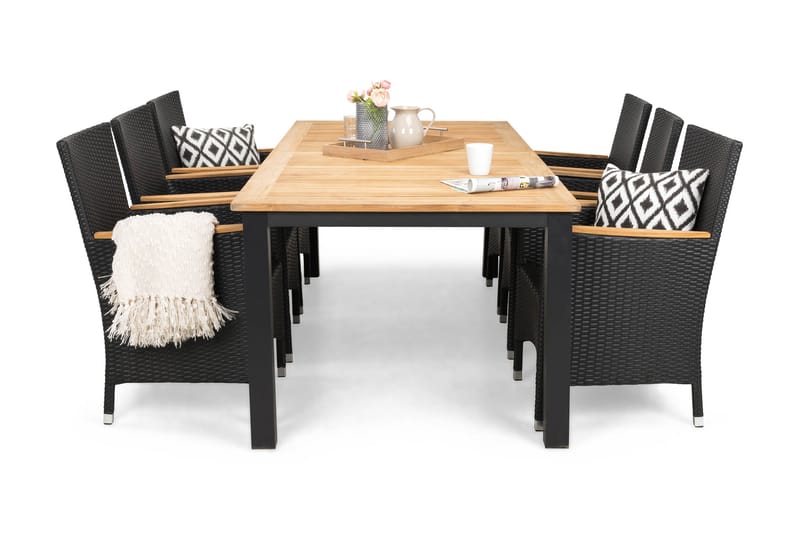 Las Vegas Spisegruppe 220-280x100 + 6 Thor Stoler m - Teak/Svart - Hagemøbler - Hagegruppe - Spisegrupper hage