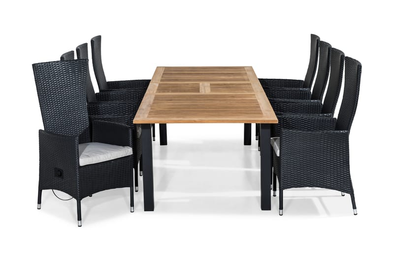 Las Vegas Spisegruppe 220-280x100 + 8 Jenny Stol m Pute - Svart/Teak/Hvit - Hagemøbler - Hagegruppe - Spisegrupper hage