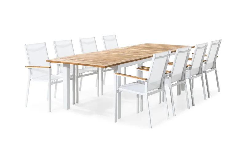 Las Vegas Spisegruppe 220-280x100 + 8 Stablestoler - Hvit/Teak - Hagemøbler - Hagegruppe - Spisegrupper hage