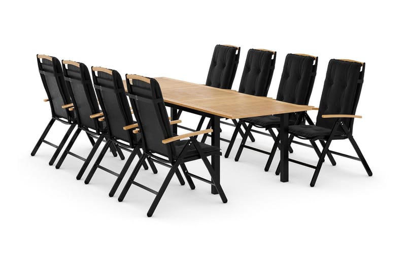 Las Vegas Spisegruppe 220-280x100 + 8 Stoler m Pute - Svart/Teak - Hagemøbler - Hagegruppe - Spisegrupper hage