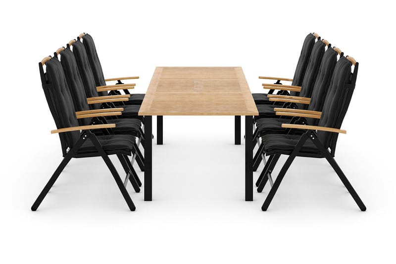 Las Vegas Spisegruppe 220-280x100 + 8 Stoler m Pute, Svart/Teak