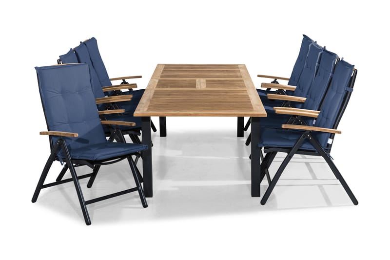 Las Vegas Spisegruppe 220-280x100 + 8 Stoler m Pute - Svart/Teak/Blå - Hagemøbler - Hagegruppe - Spisegrupper hage