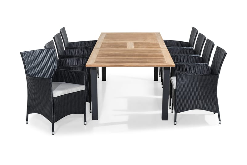 Las Vegas Spisegruppe 220-280x100 + 8 Thor Stoler m Pute, Teak/Svart/Grå