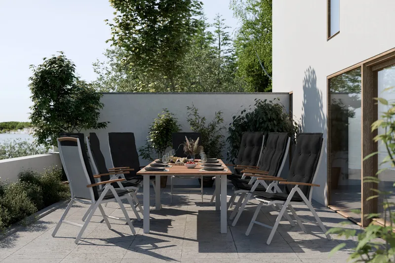 Las Vegas Spisegruppe 220-280x100+8 Las Vegas Lyx Stol Pute - Hvit/Teak/Svart - Hagemøbler - Hagegruppe - Spisegrupper hage