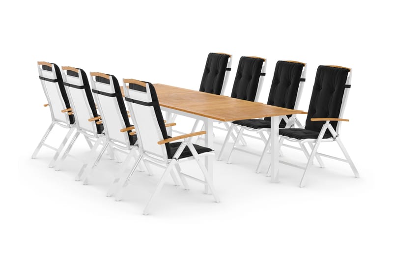 Las Vegas Spisegruppe 220-280x100+8 Las Vegas Lyx Stol Pute - Hvit/Teak/Svart - Hagemøbler - Hagegruppe - Spisegrupper hage