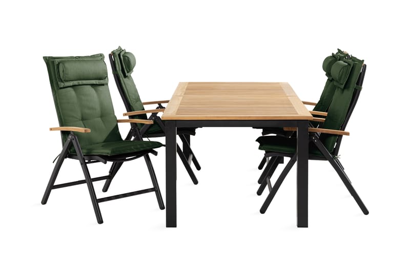 Las Vegas Spisegruppe 90x152-210+4 Stolar +Pute - Svart/Teak/Grønn - Hagemøbler - Hagegruppe - Spisegrupper hage
