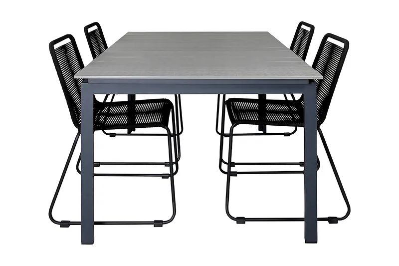 Levels Forlengbar Spisegruppe 160cm + 4 Lindos Stoler, Svart/Grå