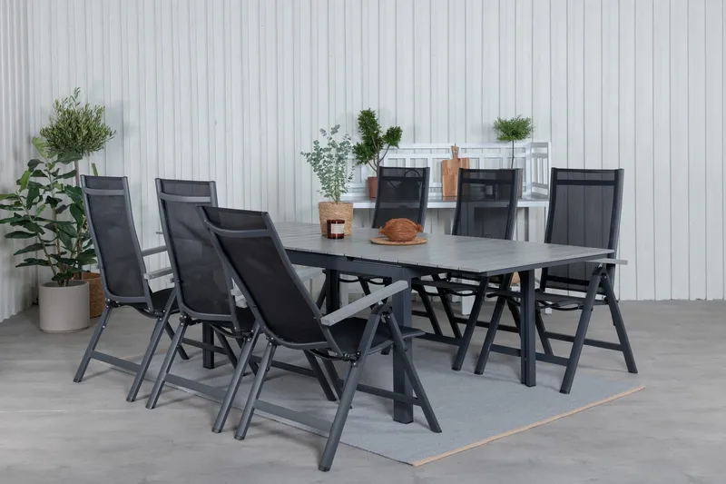 Levels Forlengbar Spisegruppe 160cm + 6 Albany Stoler - Svart/Grå - Hagemøbler - Hagegruppe - Spisegrupper hage