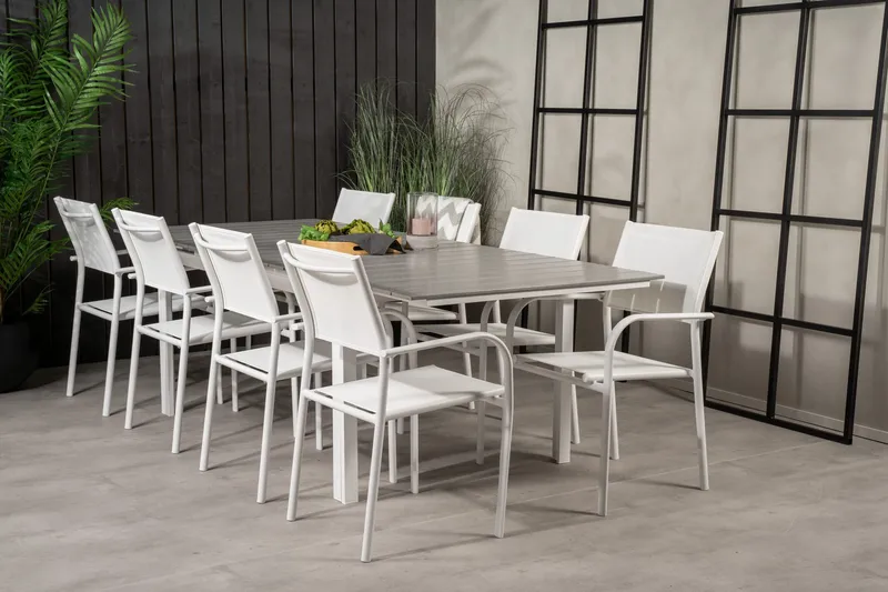 Levels Forlengbar Spisegruppe 160cm + 8 Santorini Stoler, Hvit/Grå