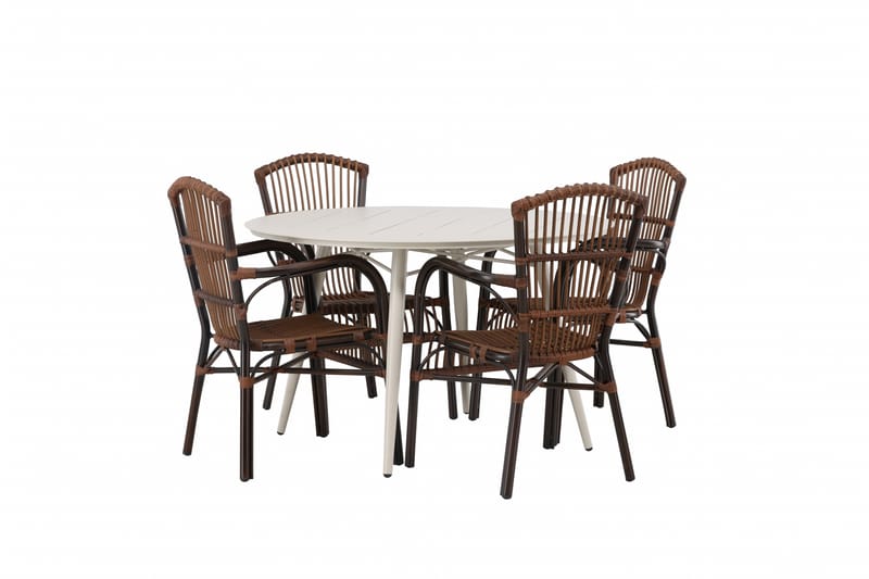 Lina Spisegruppe Rund 120 cm + 4 Galera Karmstoler - Brun/Hvit - Hagemøbler - Hagegruppe - Spisegrupper hage