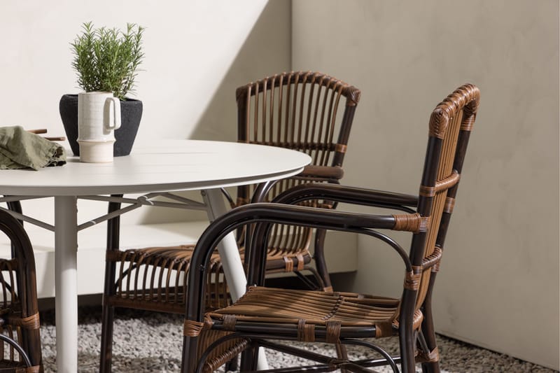 Lina Spisegruppe Rund 120 cm + 4 Galera Karmstoler - Brun/Hvit - Hagemøbler - Hagegruppe - Spisegrupper hage