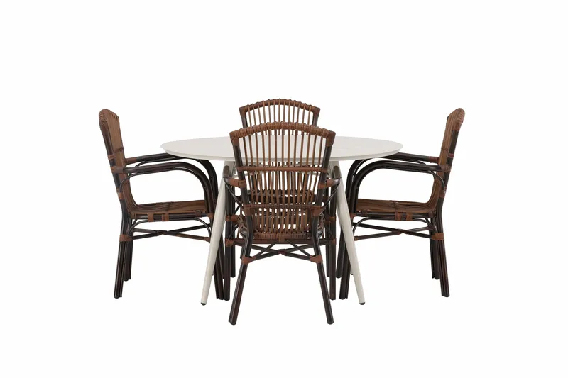 Lina Spisegruppe Rund 120 cm + 4 Galera Karmstoler - Brun/Hvit - Hagemøbler - Hagegruppe - Spisegrupper hage