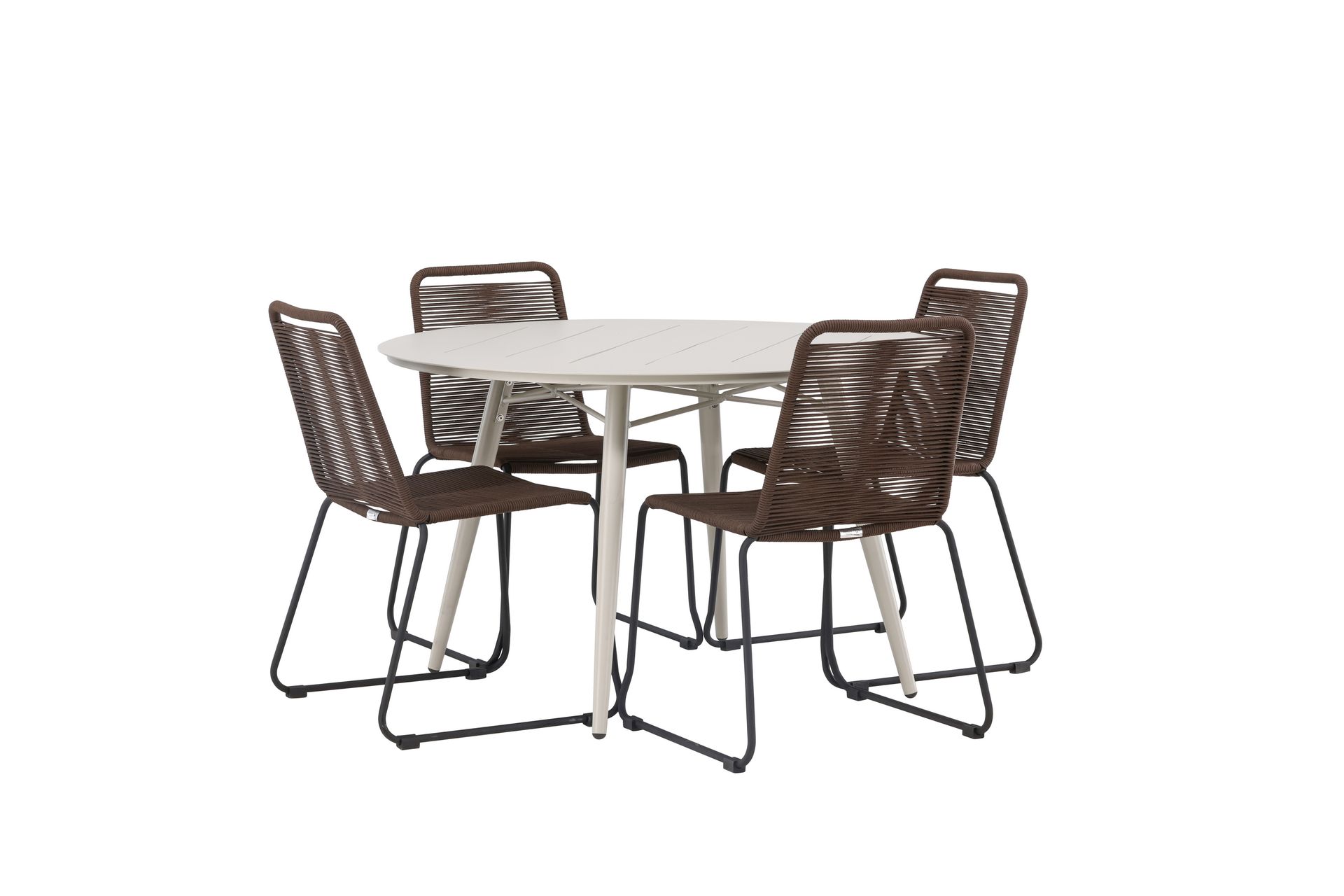 Lina Spisegruppe Rund 120 cm + 4 Lindos Spisestoler - Mørkebrun/Hvit - Hagemøbler - Hagegruppe - Spisegrupper hage
