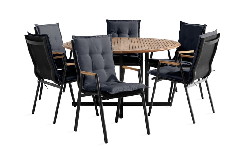 Lines Spisegruppe + 6 Las Vegas Karmstoler m Pute - Grå/Svart/Teak - Hagemøbler - Hagegruppe - Spisegrupper hage