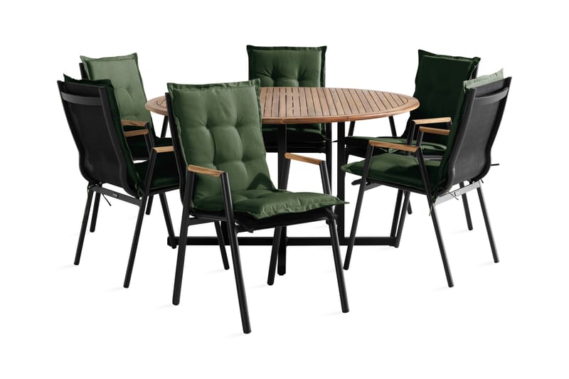 Lines Spisegruppe + 6 Las Vegas Karmstoler m Pute - Grønn/Svart/Teak - Hagemøbler - Hagegruppe - Spisegrupper hage