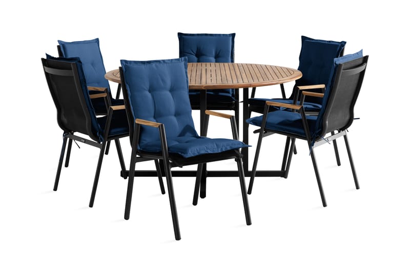 Lines Spisegruppe + 6 Las Vegas Karmstoler m Pute - Blå/Svart/Teak - Hagemøbler - Hagegruppe - Spisegrupper hage