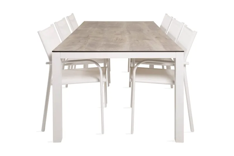 Llama Spisegruppe 205cm + 6 Santorini Karmstoler, Hvit/Grå