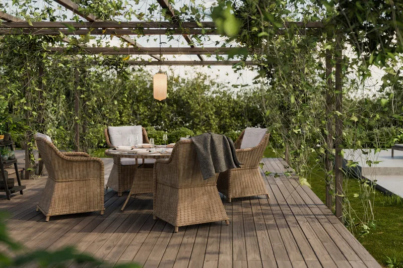 Marcus Spisegruppe 140 Rund + 4 Lenestoler m Pute - Natur - Hagemøbler - Hagegruppe - Spisegrupper hage